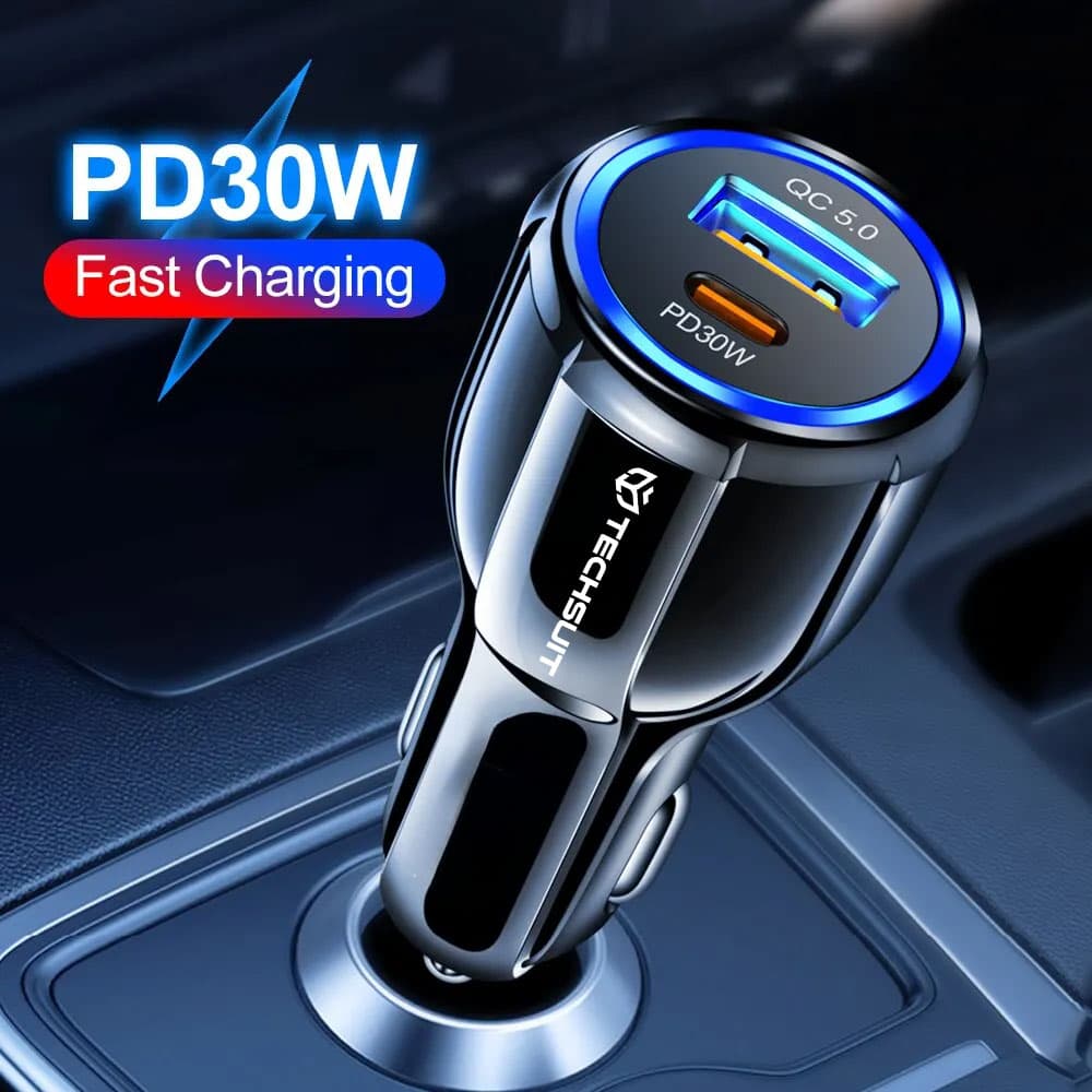 Techsuit Car Charger Premium TE-022 USB-A QC5.0 30W USB-C PD30W 60W LED černá - náhled 2