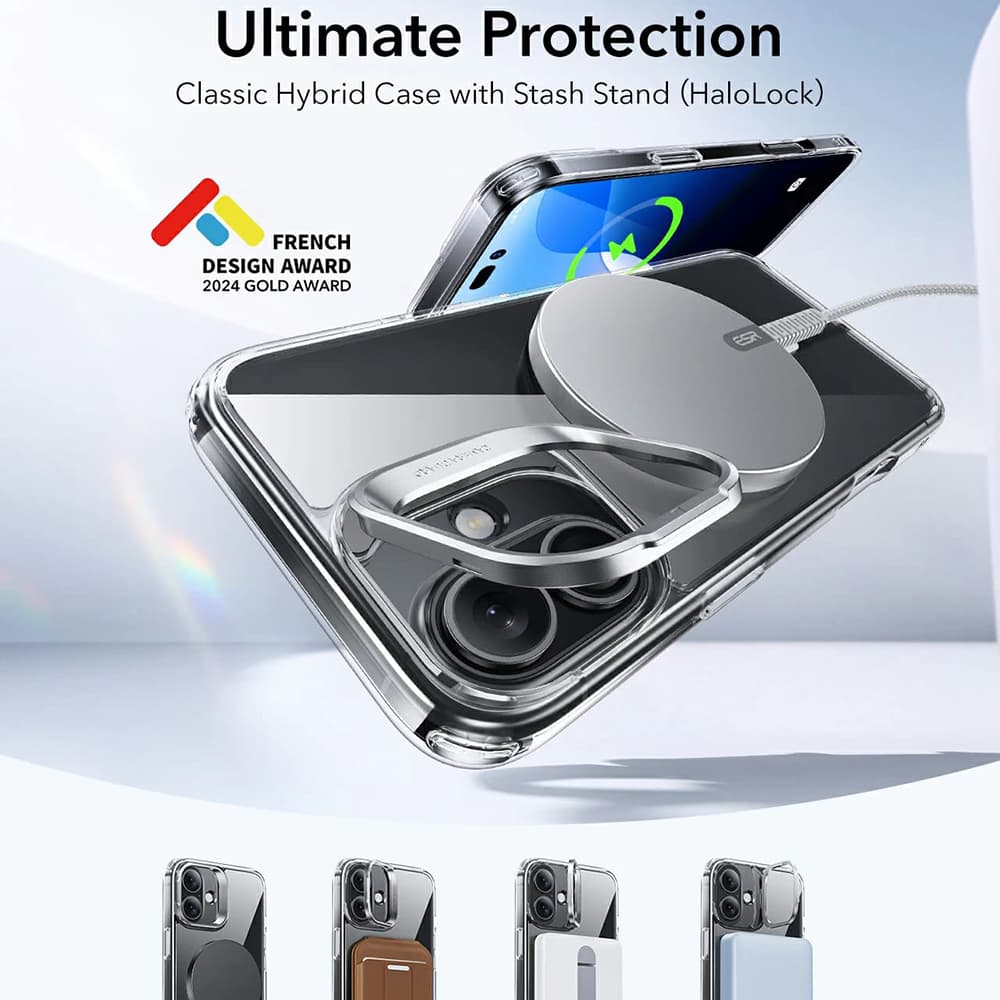 ESR Klasický Hybrid HaloLock Kickstand iPhone 16 Čirá Černá - náhled 2