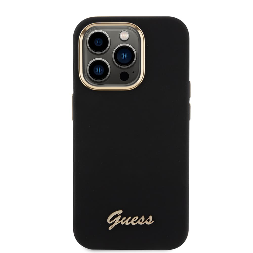 Guess - silikonový kryt s kovovým logem a rámečkem iPhone 15 Pro černý - náhled 2