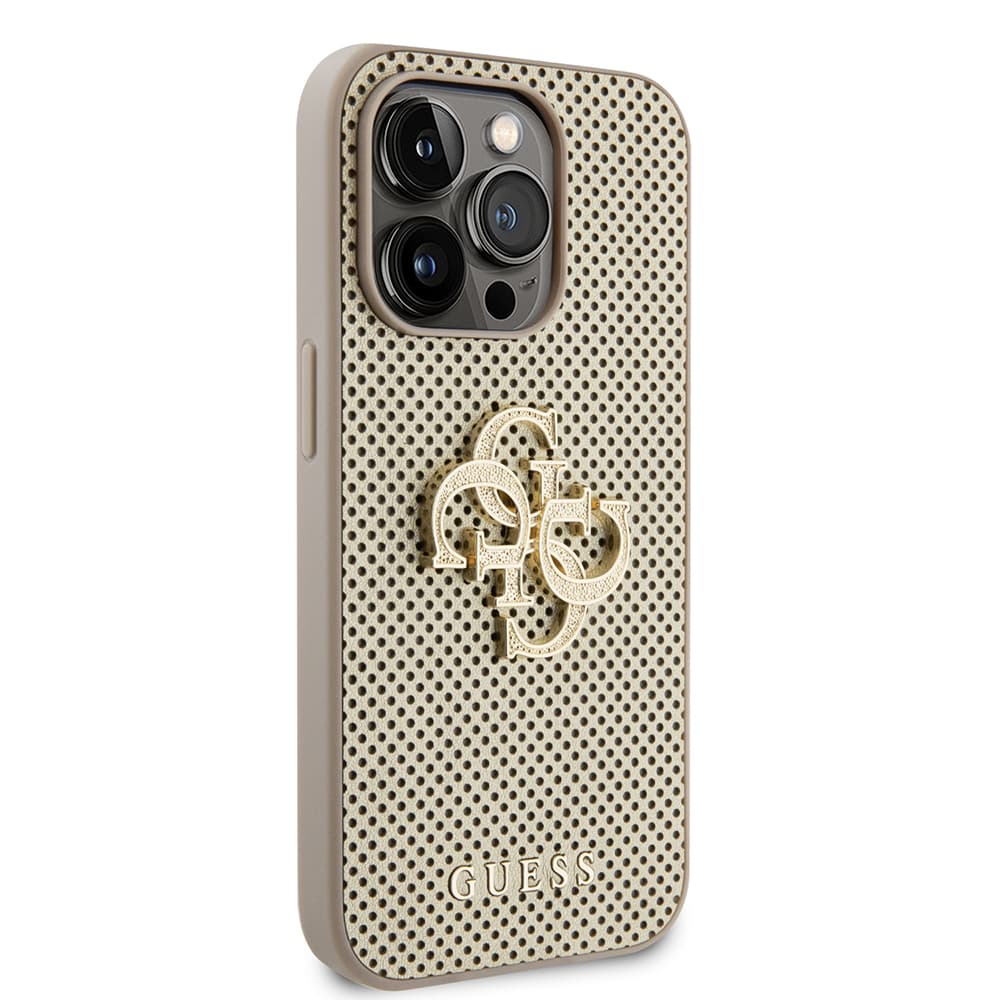 Guess - Kožený Perforovaný 4G iPhone 15 Pro Zlatá - náhled 2