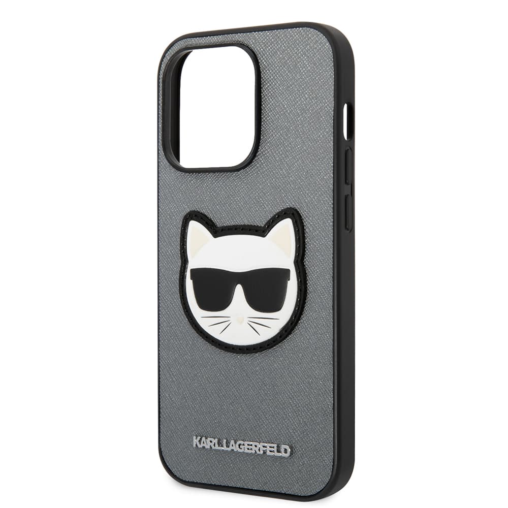 Karl Lagerfeld Saffiano pouzdro iPhone 14 Pro stříbrné Choupette Head - náhled 2