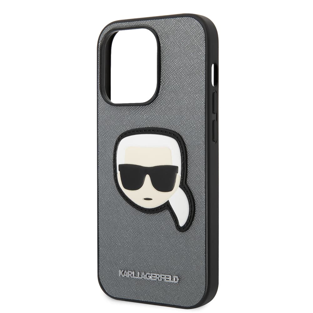 Karl Lagerfeld Saffiano pouzdro iPhone 14 Pro stříbrné Karlova hlava - náhled 2