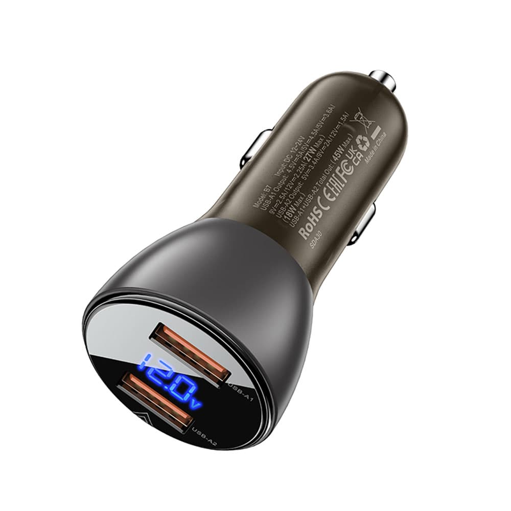 Acefast Car Charger B7 2x USB 45W Rychlé Nabíjení LED Displej Průhledná Černá - náhled 2