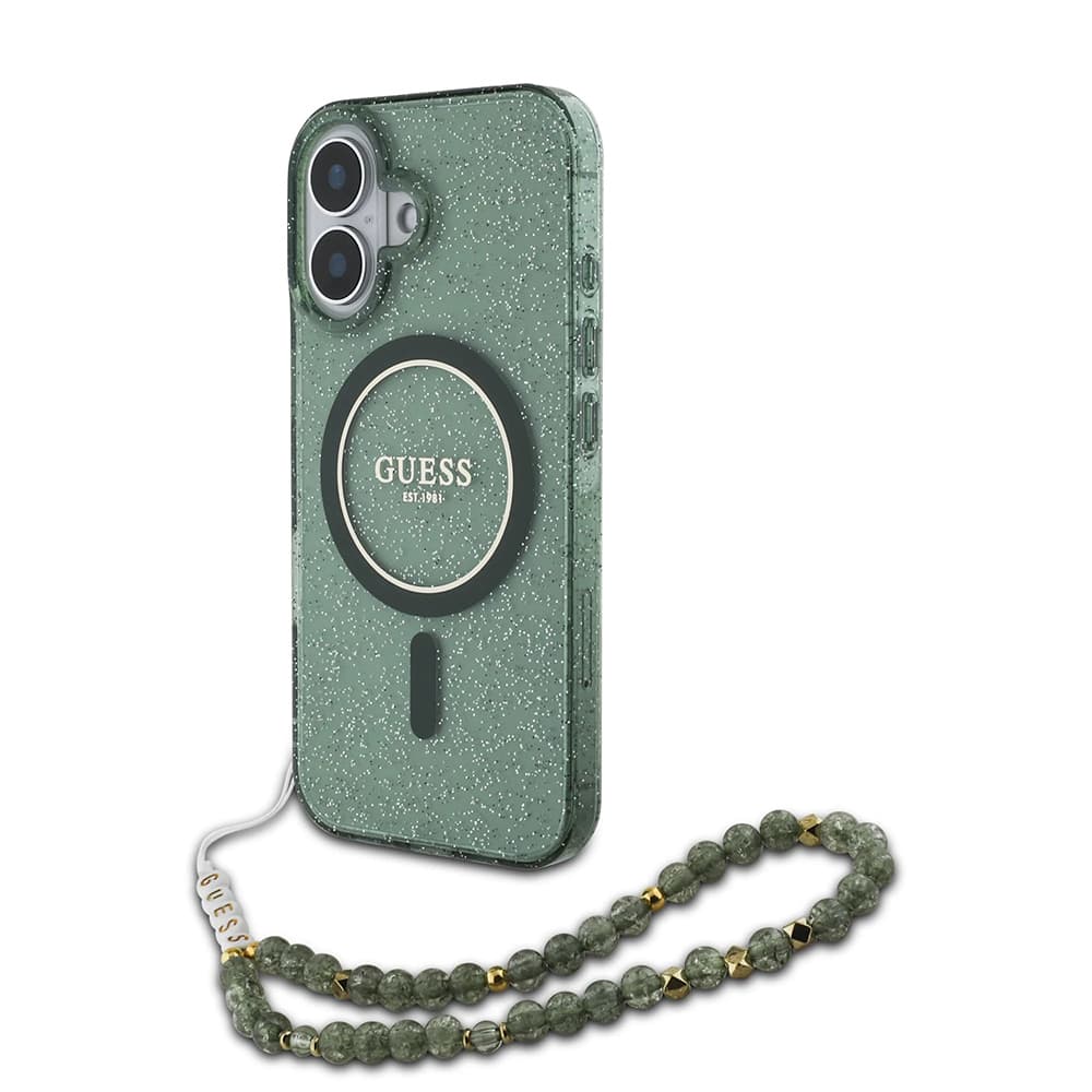 Guess IML Glitter s perlovým řemínkem MagSafe iPhone 16 Plus zelená - náhled 2