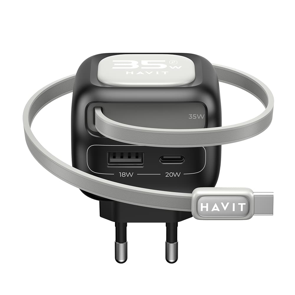 Nabíječka Havit UC251 EU s výsuvným kabelem Type-C USB GaN 35W černá šedá - náhled 2