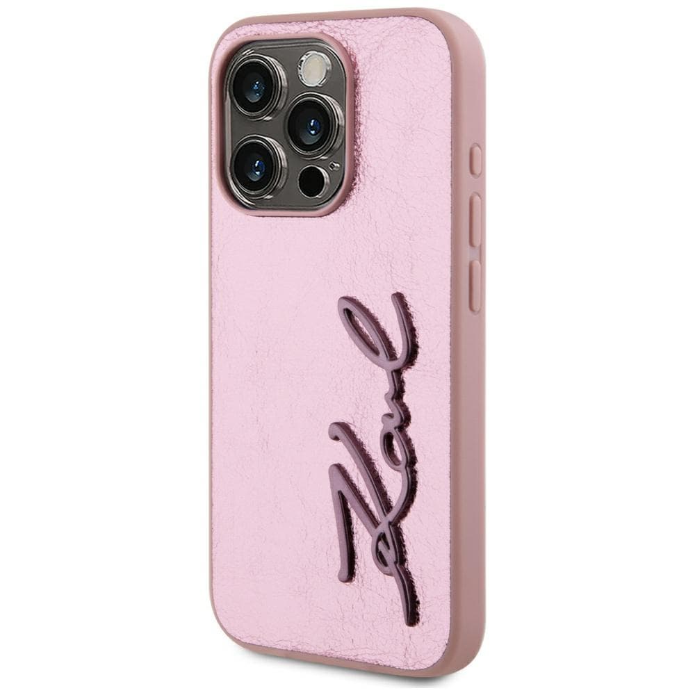 Karl Lagerfeld Hardcase Leather iPhone 15 Pro Růžová Metal Signature - náhled 2