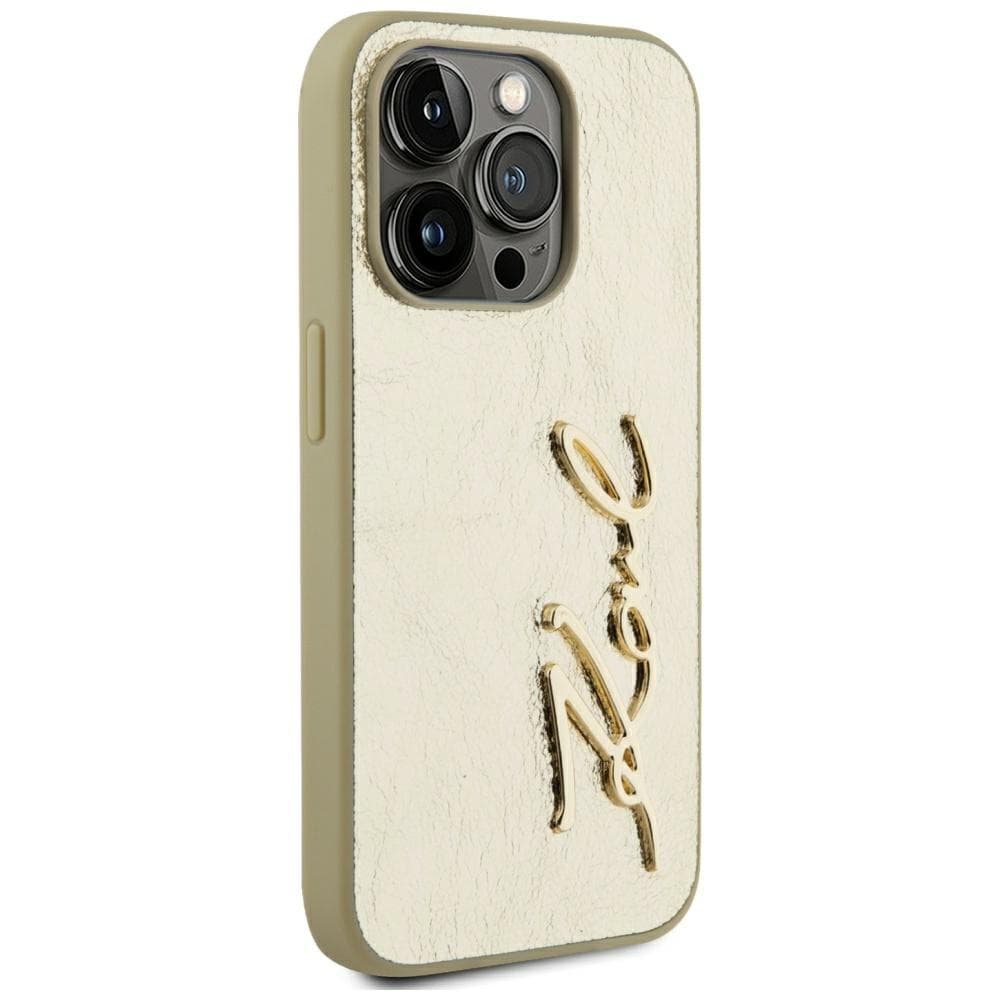 Karl Lagerfeld Hardcase Leather iPhone 15 Pro Zlatý Metalický Podpis - náhled 2