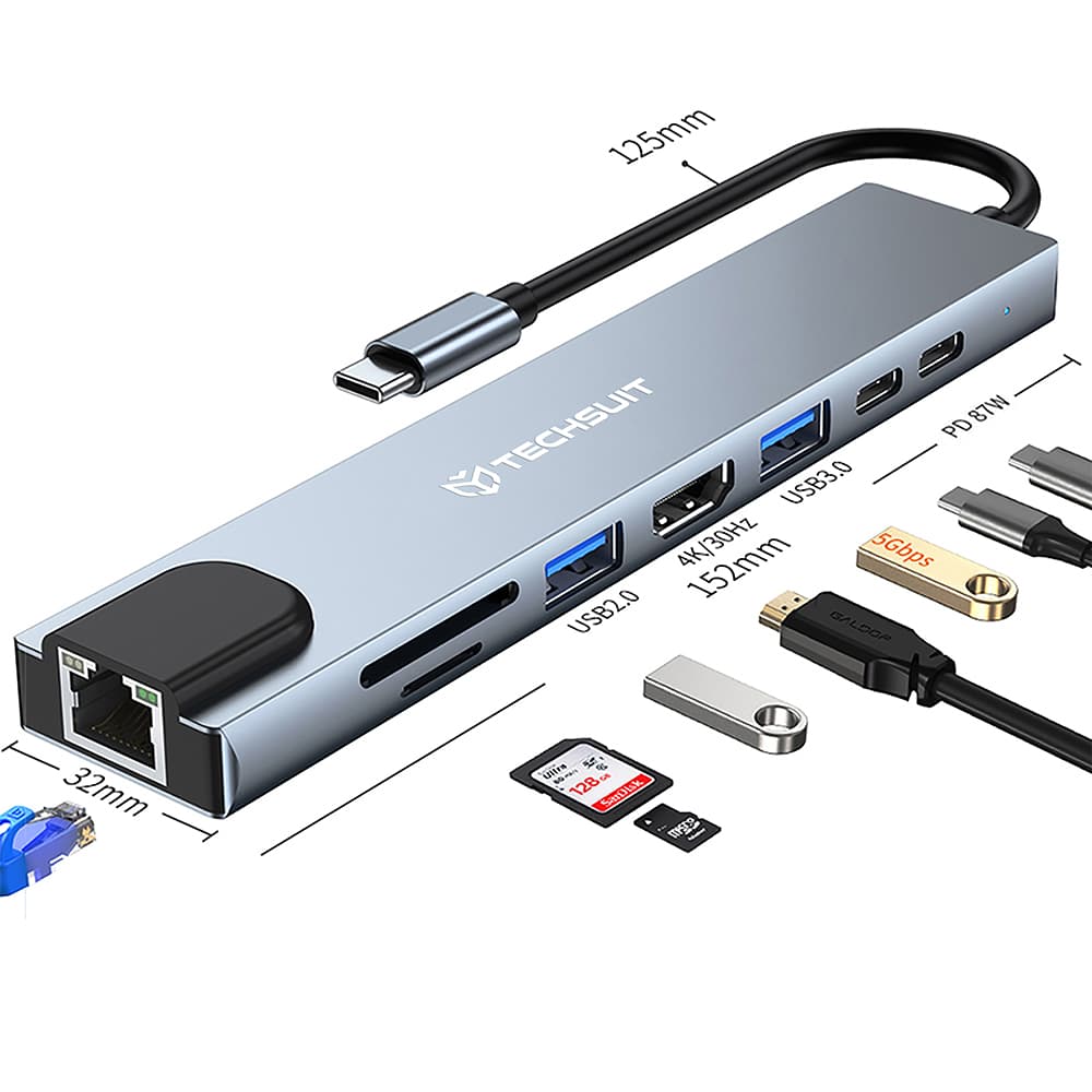 Techsuit Docking Station NetBridge 8 in 1 H2 Type-C šedá - náhled 2