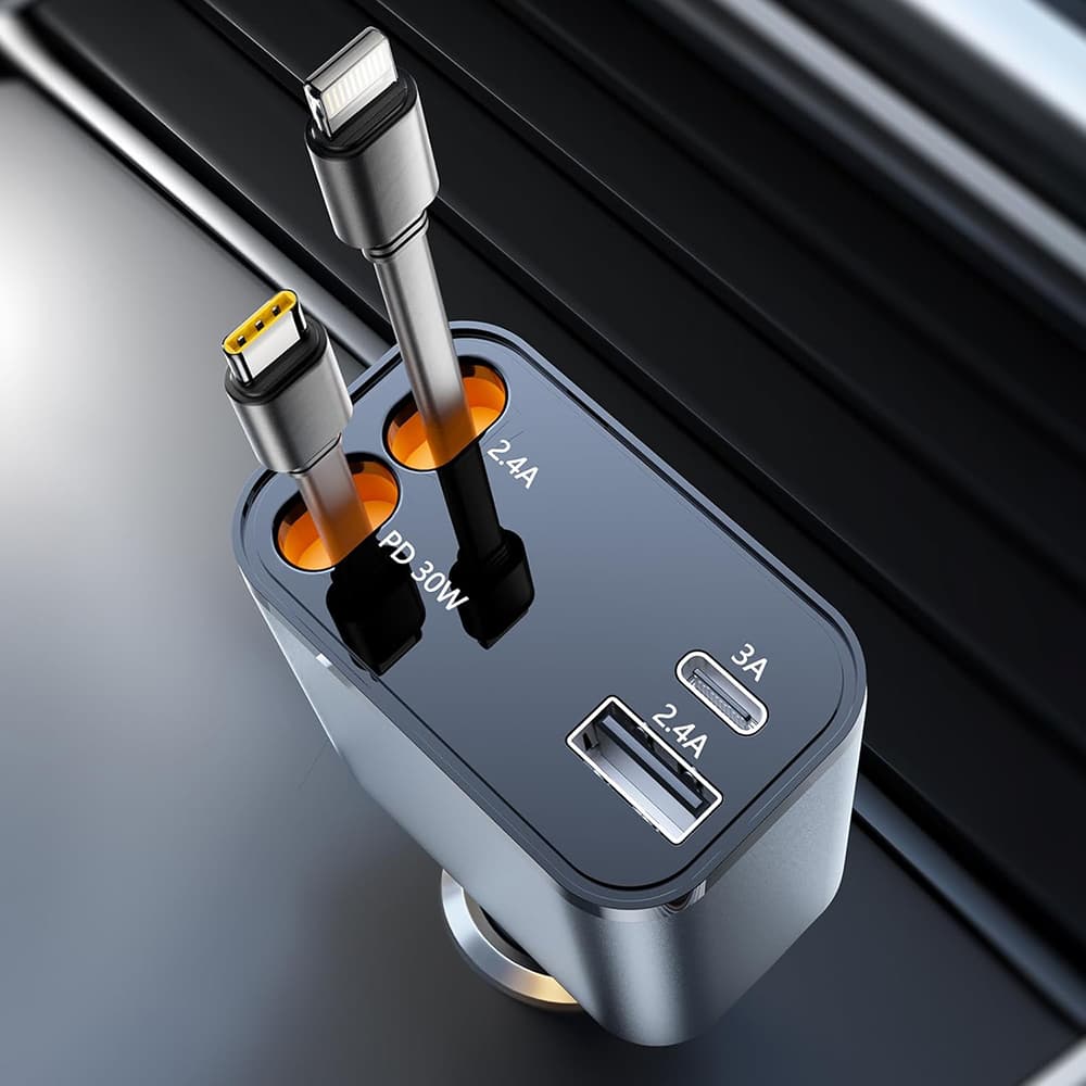 Techsuit Premium Car Charger NanoVoltX C1 s USB-C Lightning kabely šedý - náhled 2