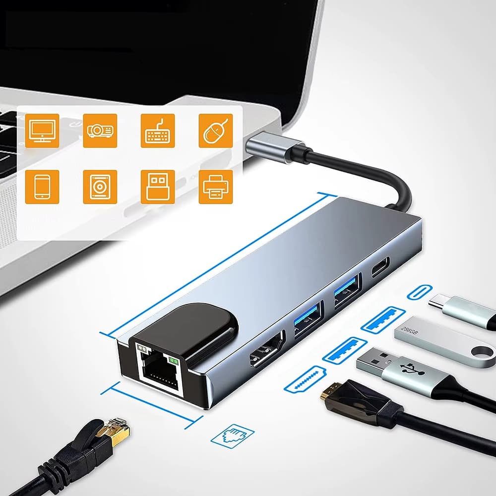 Techsuit Docking Station NetBridge 5 in 1 H1 Type-C Šedá - náhled 2