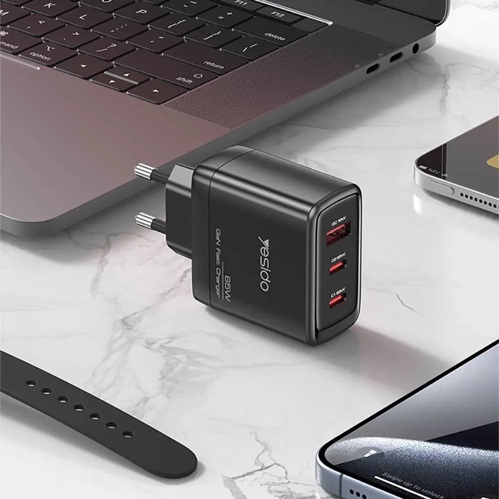 Yesido Wall Charger YC144C GaN Rychlonabíječka pro Telefon Tablet USB 2x Type-C PD65W QC18W USB-C Kabel 1m Černá - náhled 2