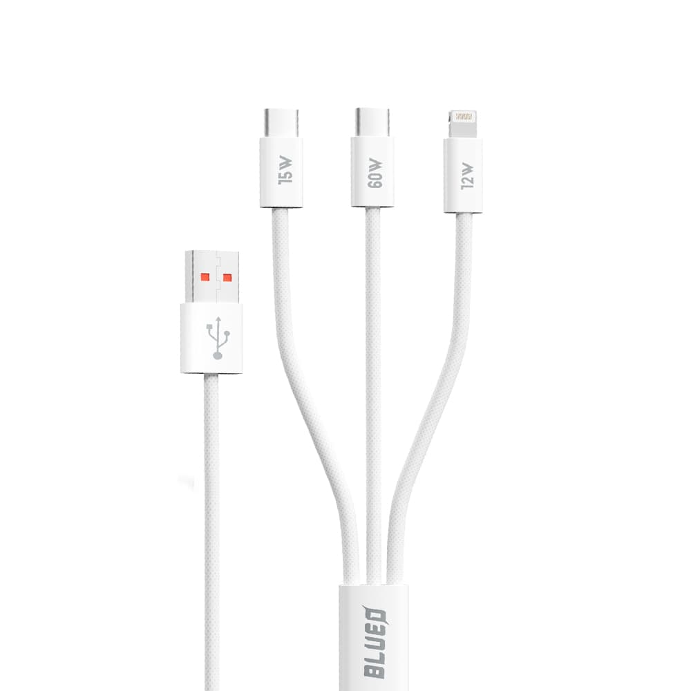 Blueo 3v1 datový kabel USB-A na 2x Type-C Lightning rychlé nabíjení opletený bílý - náhled 2
