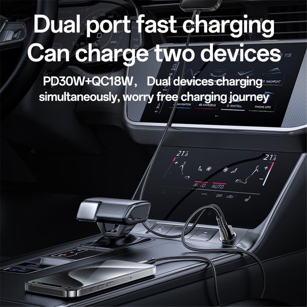 Yesido Hidden Car Charger Y68 Dvouportová USB-A + Type-C PD30W Hliník Rychlé nabíjení Černá - náhled 2