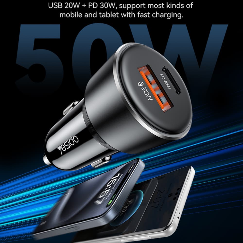 Yesido Car Charger Y64 Dvouportový USB-A + Type-C 50W Rychlé nabíjení Černá - náhled 2