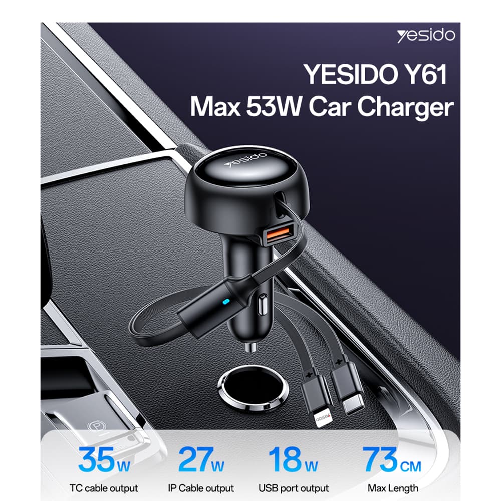 Yesido Car Charger Y61 s 2x teleskopickým zatahovacím kabelem Type-C Lightning rychlé nabíjení USB-A 53W černá - náhled 2
