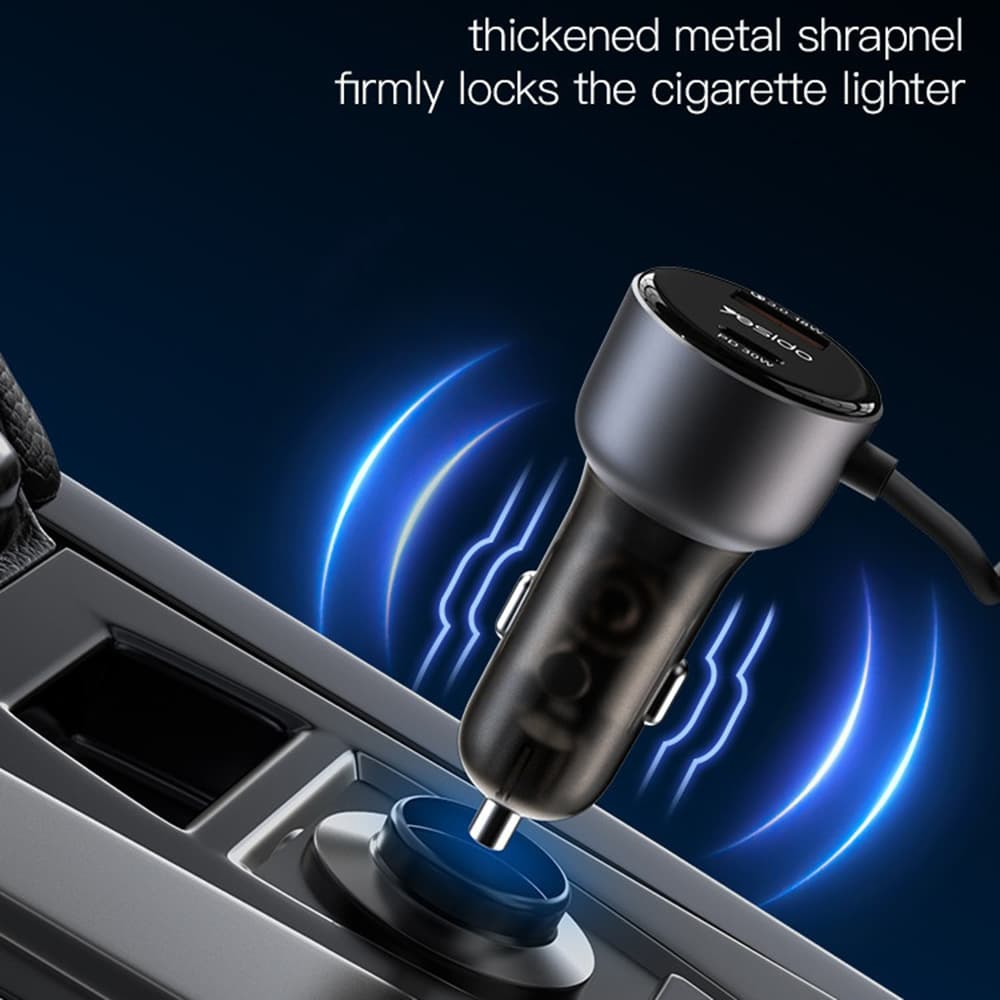 Yesido Car Charger Y57 s Lightning pružným kabelem Type-C USB-A 50W rychlé nabíjení černá - náhled 2