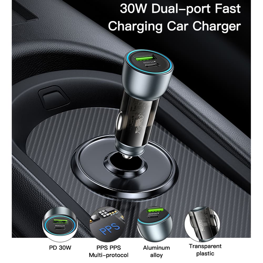 Yesido Car Charger Y49 USB-A Type-C LED světelný efekt rychlé nabíjení 30W šedá - náhled 2