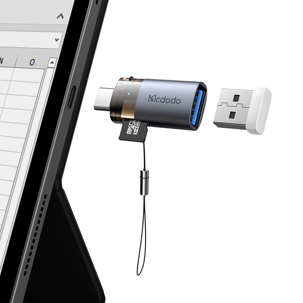 Mcdodo - OTG adaptér 2v1 (OT-7600) - USB na USB-C, vestavěná čtečka karet, nabíjení a data, 5Gbps, modré světlo, poutko - černý - náhled 2
