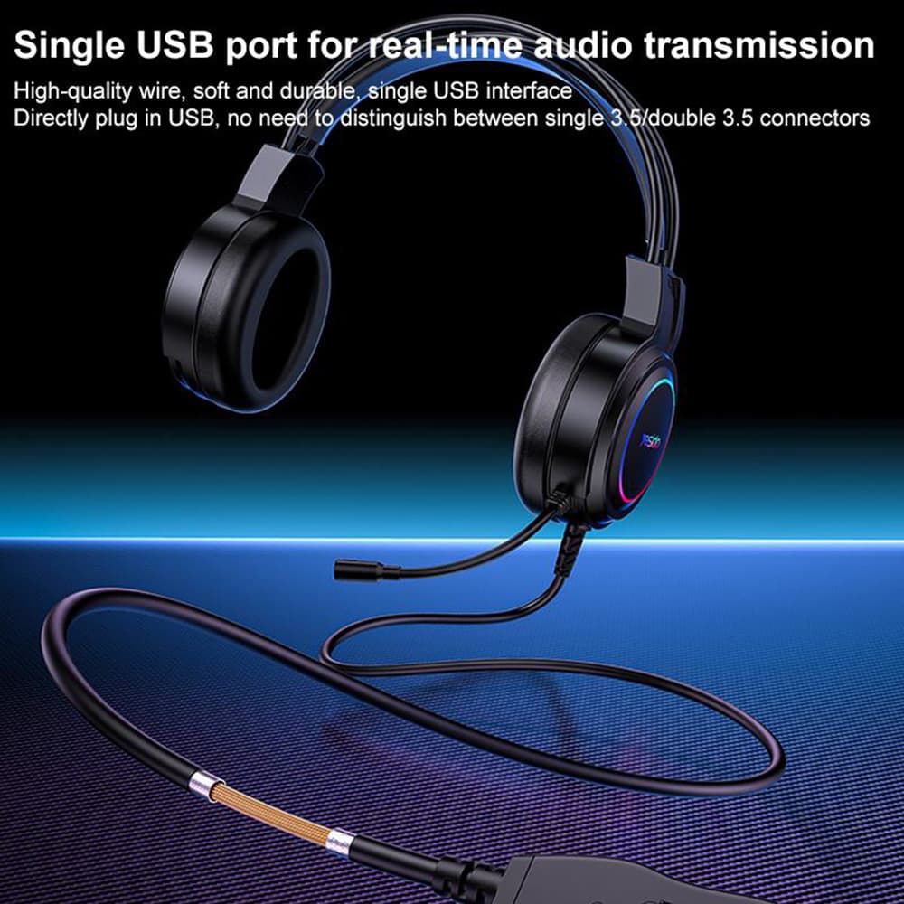 Yesido – kabelová sluchátka (EK05) – pro hraní her, USB, s mikrofonem, RGB LED osvětlením – černá - náhled 2
