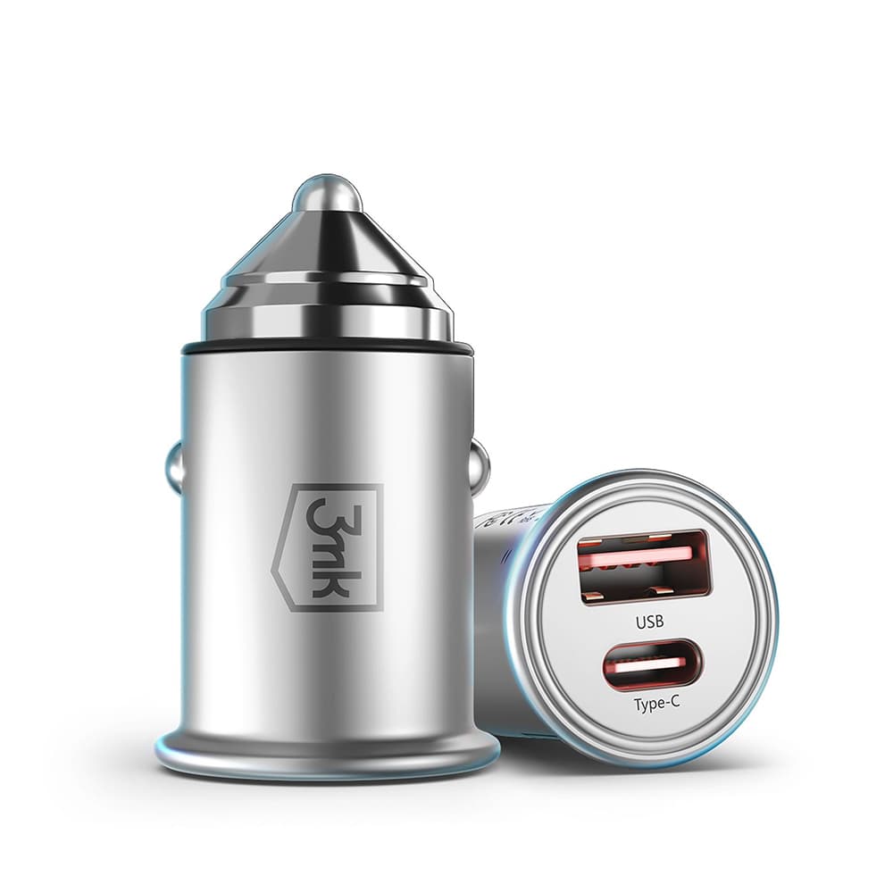 3mk Car Charger Hyper USB-A Type-C 30W odolný hliník stříbrná - náhled 2