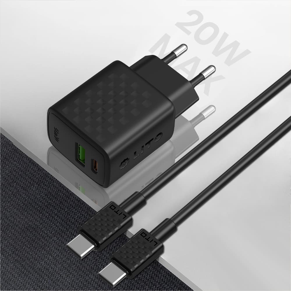 Lito Wall Charger LC15T s kabelem Type-C Type-C USB výstup PD20W GaN PC nehořlavý EU zástrčka černý - náhled 2