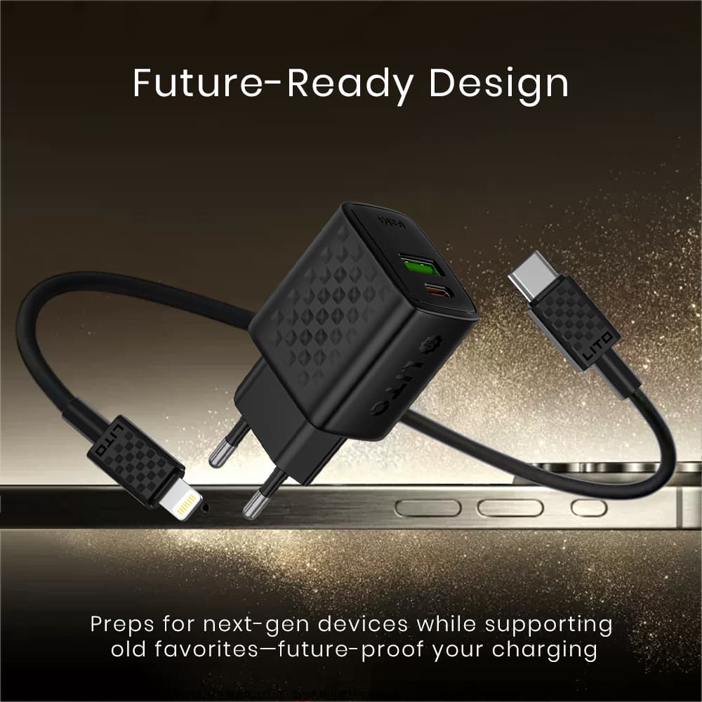 Lito Wall Charger LC15L s Lightning kabelem Type-C USB výstup PD20W GaN EU zástrčka černý - náhled 2