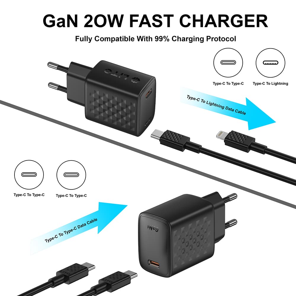 Lito Wall Charger LC13T s kabelem Type-C Type-C PD20W GaN PC ohnivzdorný EU zástrčka černý - náhled 2
