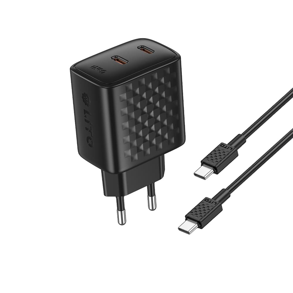 Lito Wall Charger LC22T s kabelem Type-C 2x Type-C výstup PD45W GaN EU zástrčka 1m černá - náhled 2