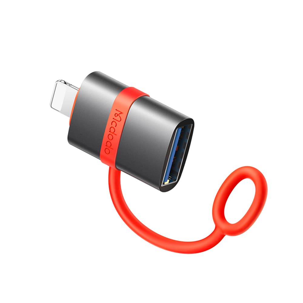Mcdodo – adaptér (OT-2600) – se silikonovým háčkem, hliníkovou slitinou, USB na Lightning, 480 Mb/s, přenosný design – šedá - náhled 2