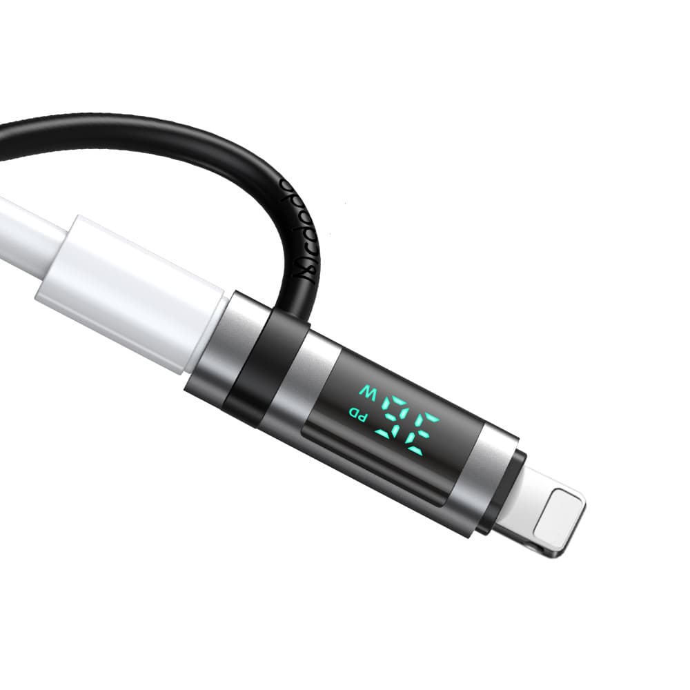 Mcdodo - adaptér řady Pigeon (OT-2610) - se silikonovým háčkem, hliníkovou slitinou, USB-C na Lightning 36W, HD LED displej - černý - náhled 2