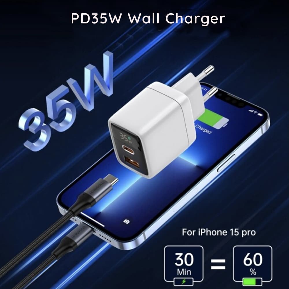 Techsuit Wall Charger LEDChargX (CH3) Type-C USB GaN Technologie Rychlé nabíjení LED displej PD35W černá - náhled 2