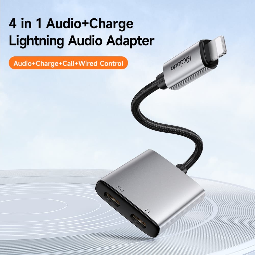 Mcdodo - audio adaptér řady Wales (CA-5560) - Lightning na 2x Lightning, hliníková slitina, nylon, 5V/2A, 12,5cm - šedá - náhled 2