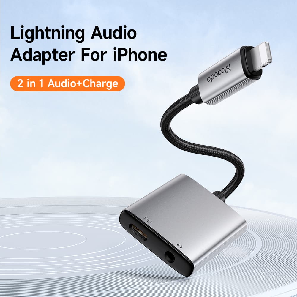 Mcdodo - audio adaptér řady Wales (CA-5540) - Lightning na Lightning, DC 3,5 mm, hliníková slitina, nylon, 5V/2A, 12,5 cm - šedá - náhled 2