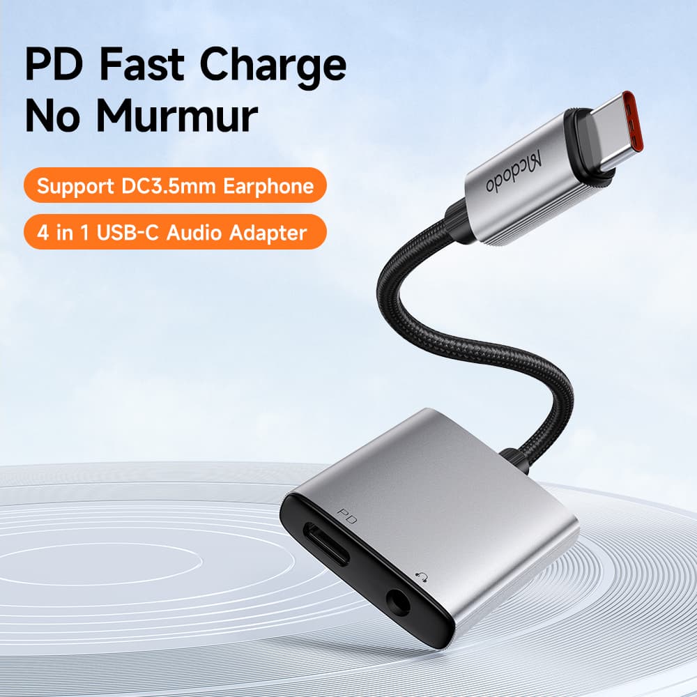 Mcdodo – audio adaptér řady Wales (CA-5050) – USB-C na USB-C, DC 3,5 mm, hliníková slitina, nylon, PD60W, 12,5 cm – šedá - náhled 2