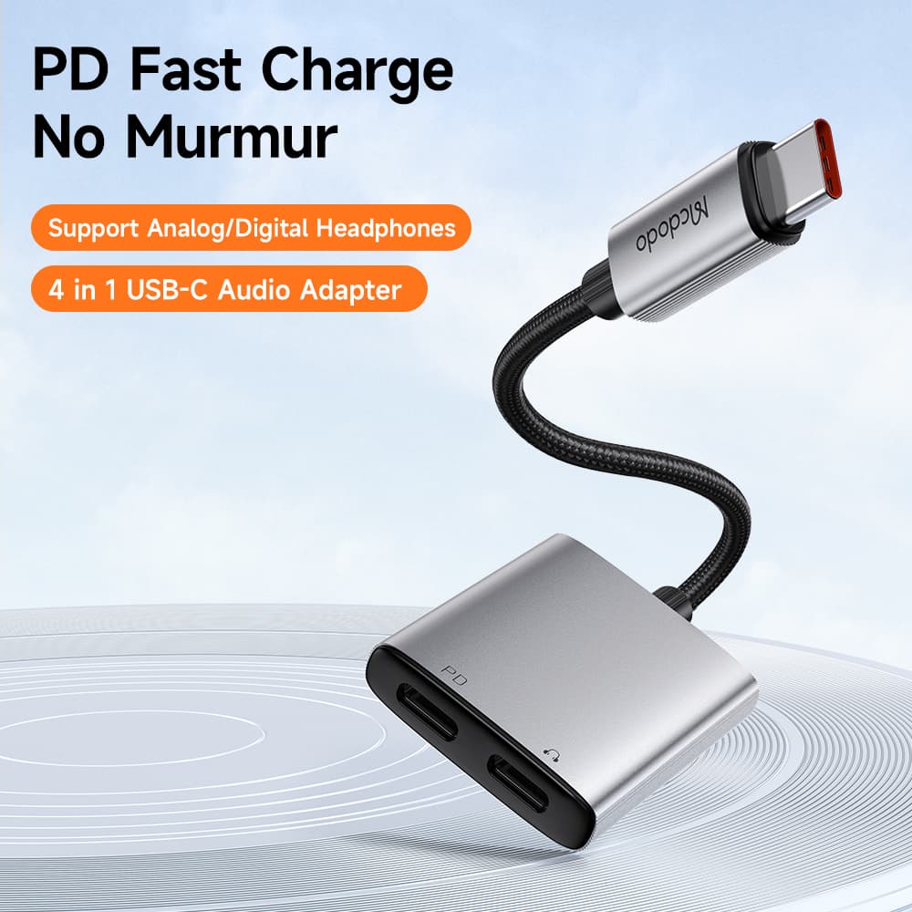 Mcdodo – audio adaptér řady Wales (CA-5570) – USB-C na USB-C, hliníková slitina, nylon, vysoké rozlišení, PD60W, 12,5 cm – šedá - náhled 2
