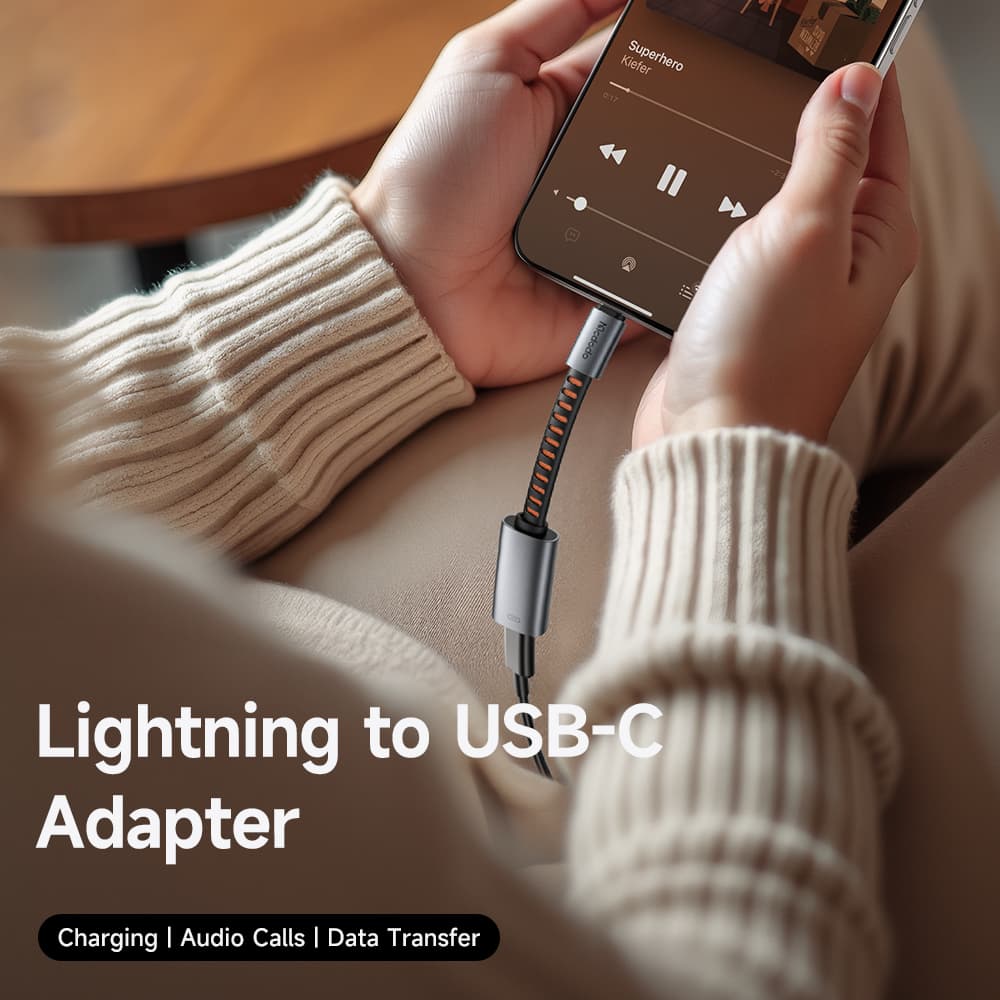 Mcdodo – audio adaptér (CA-4870) – Lightning na Type-C, 2A, 24W, 480Mbps, OTG, podpora rychlého nabíjení, funkce volání, 0,1m – šedá - náhled 2
