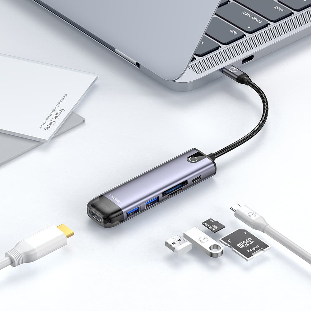 Mcdodo – rozbočovač (HU-7740) – 6v1, 2x USB3.0, Type-C PD100W, HDMI 4K, slot na SD/TF kartu, 5Gbps, 2TB, kabel Type-C – šedá - náhled 2