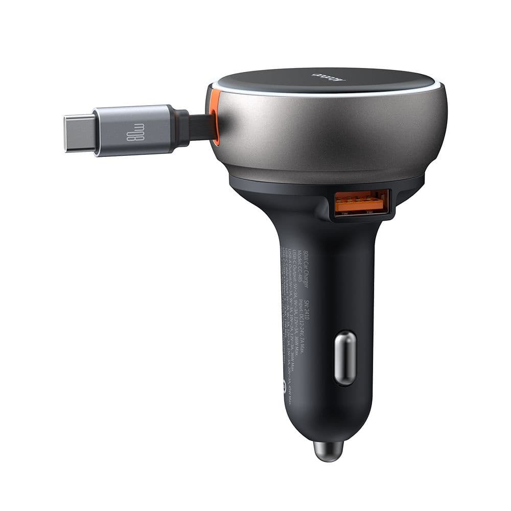 Mcdodo – nabíječka do auta (CC-4850) – s výsuvným kabelem USB-C, 80W, duální port, světelný indikační kroužek, 80cm – černá - náhled 2