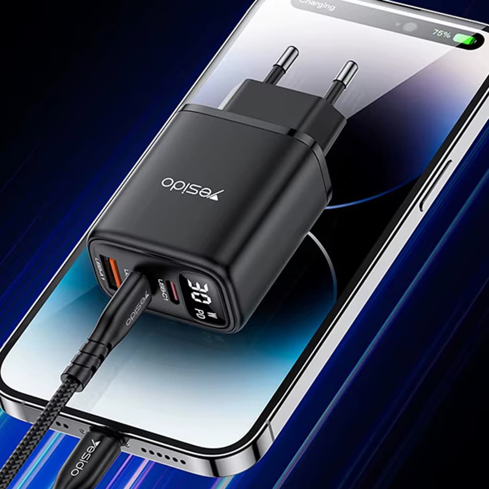 Yesido Wall Charger YC69 s digitálním displejem rychlonabíječka černá - náhled 2