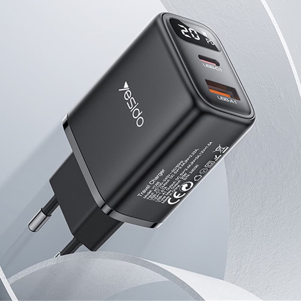 Yesido Wall Charger YC68 s digitálním displejem rychlonabíjení černý - náhled 2