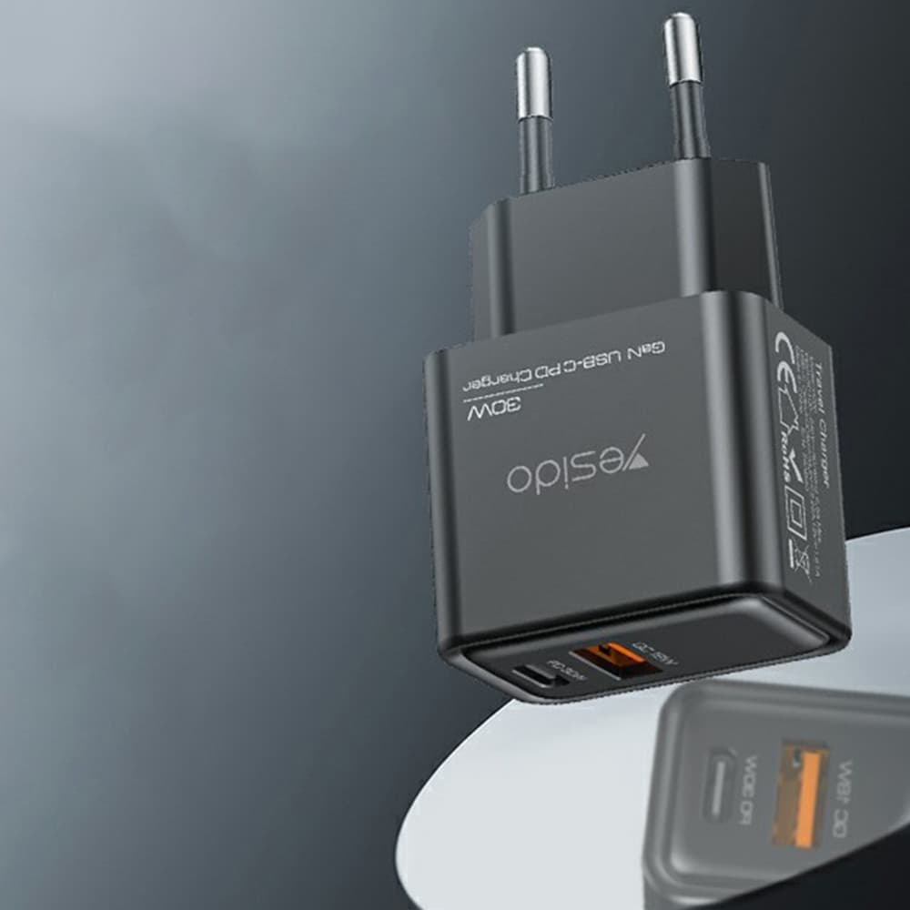 Yesido Wall Charger YC64 Duální Port Type-C + USB-A Rychlé Nabíjení GaN PD30W Černá - náhled 2