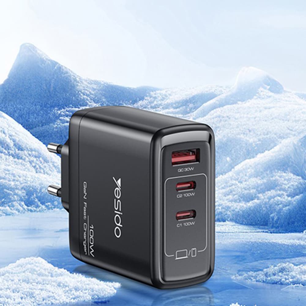Yesido Wall Charger YC142 GaN rychlonabíječka 3v1 pro telefon notebook tablet USB 2x Type-C 100W černá - náhled 2