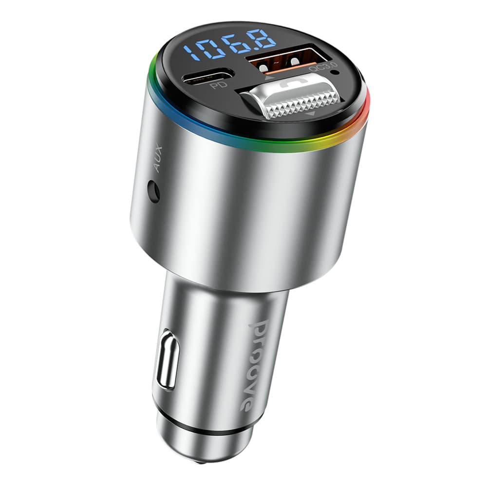 Proove - nabíječka do auta s FM modulátorem (FMPD30110006) - USB, Type-C, AUX, Bluetooth 5.3, rychlé nabíjení, 30 W, 12-24 V - stříbrná - náhled 2