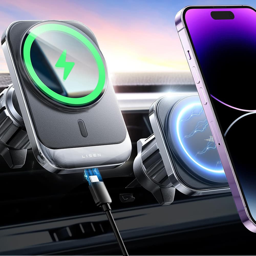 Lisen - držák do auta s bezdrátovým nabíjením (YL0223070009) - MagSafe, do ventilační mřížky, čtvercový tvar, uvolnění jedním tlačítkem, 15W - černá - náhled 2