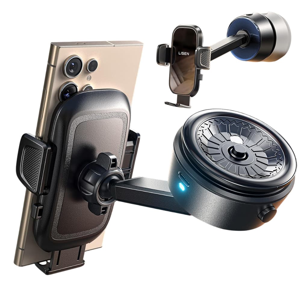 Lisen - držák do auta A680 (YL0225010007) - na palubní desku, stůl, elektrická přísavka, otáčení o 360°, svorkové rameno, 130mAh - černá - náhled 2
