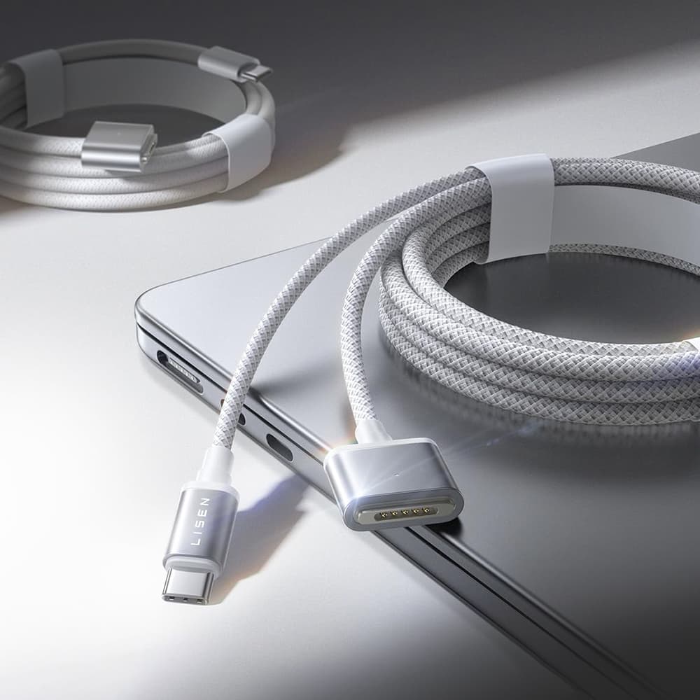 Lisen - datový kabel (YL0123070001) - Type-C na MagSafe 3, pro MacBook, 140 W, superrychlé nabíjení, opletený, 2 m - stříbrná - náhled 2
