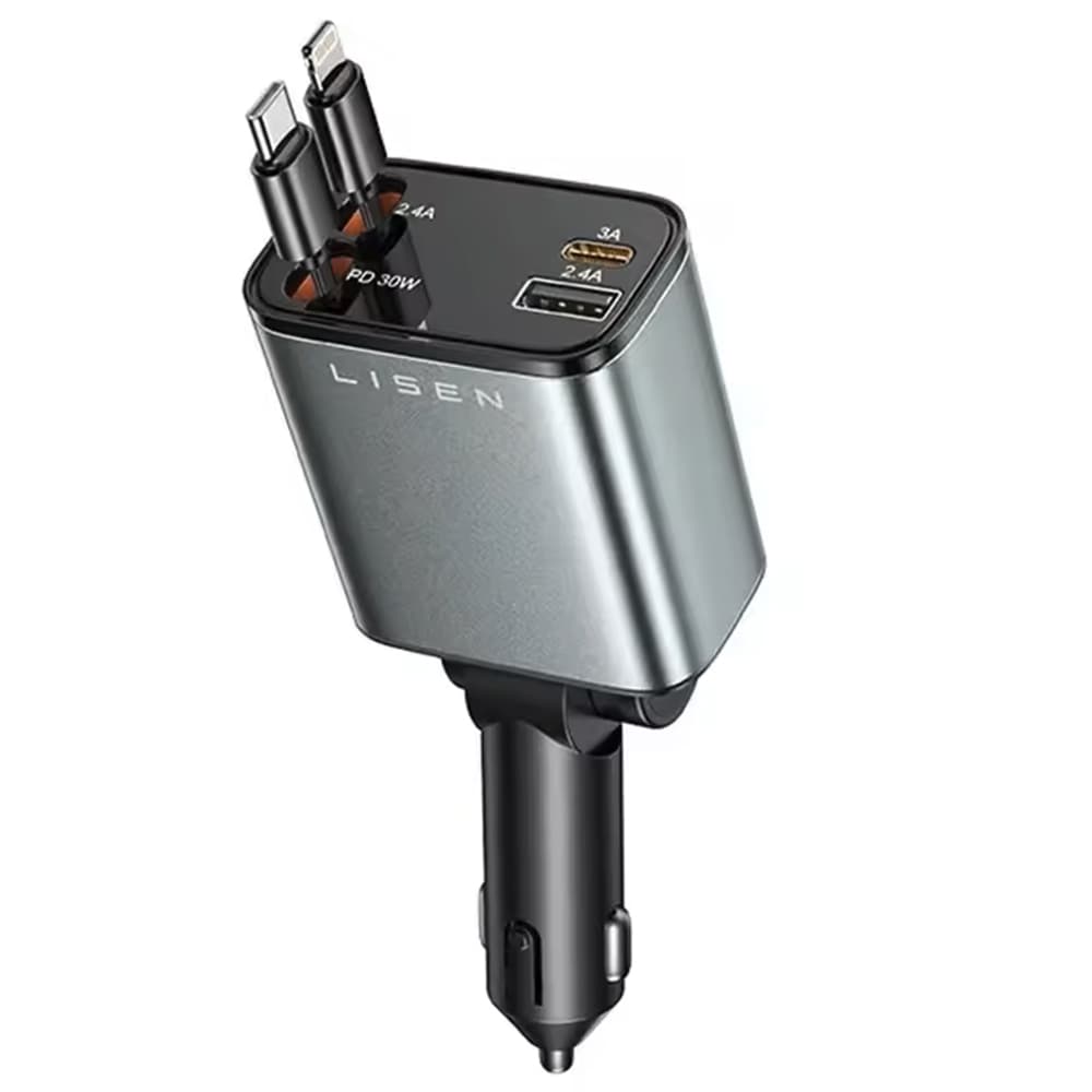 Lisen - nabíječka do auta (YL0224040031) - 4v1, USB, Type-C, se zatahovacím kabelem USB-C a Lightning, hliníková slitina - černá - náhled 2