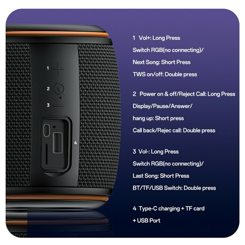 Yesido - Bezdrátový reproduktor (YSW40) - Bluetooth 5.3, Type-C, TF karta, USB, 1200mAh, 8W - Černá - náhled 2