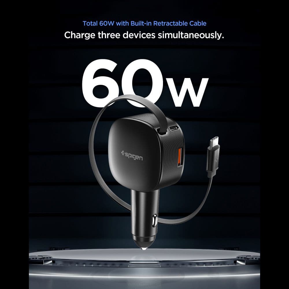 Nabíječka do auta Spigen - Car Charger Essential EV603BT (ACP10515) - 3in1, USB, 2x Type-C, Built-in Retractable Cable, Fast Charging, 60W, 72cm Černá - náhled 2