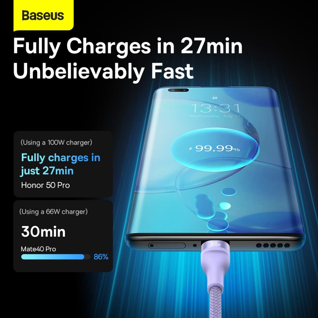 Kabel Baseus Flash Series II 3 v 1 - USB na Type C, Lightning, Micro USB - 100W 6A 1,2 metru (CASS030005) fialový - náhled 2